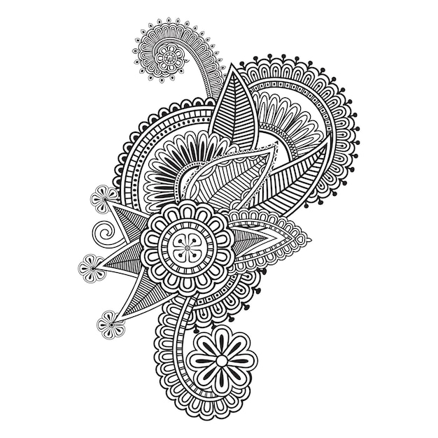 中央に花がある鳥の黒と白の絵
