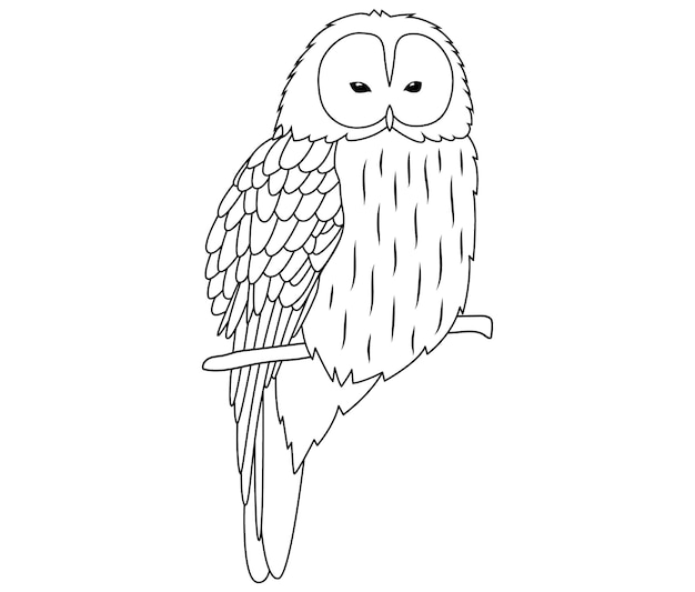 A black and white drawing of a bird with an owl on the branch.