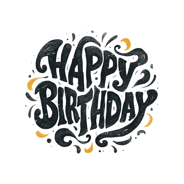 Черно-белый рисунок знака дня рождения со словами "С днем рождения" написанными курсивным шрифтом. Знак окружен вихрями и имеет желтую границу.