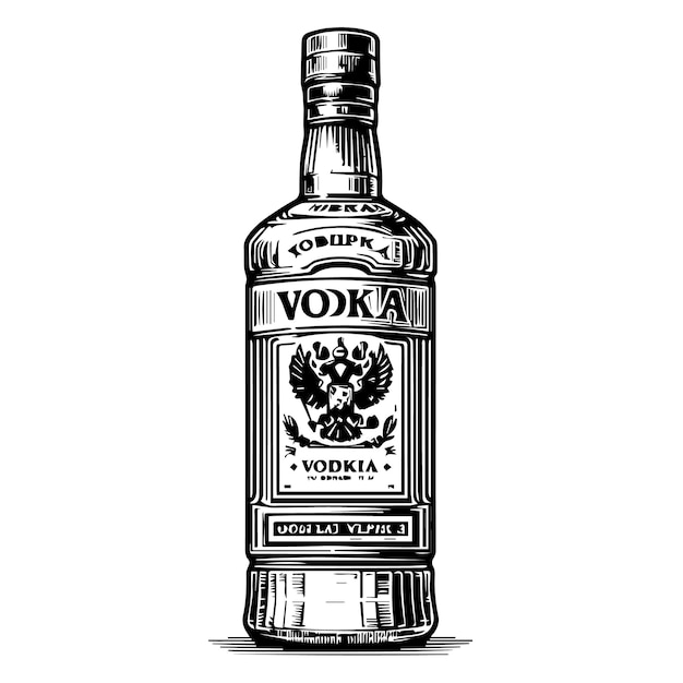 a black and white drawing of a bottle of vodka