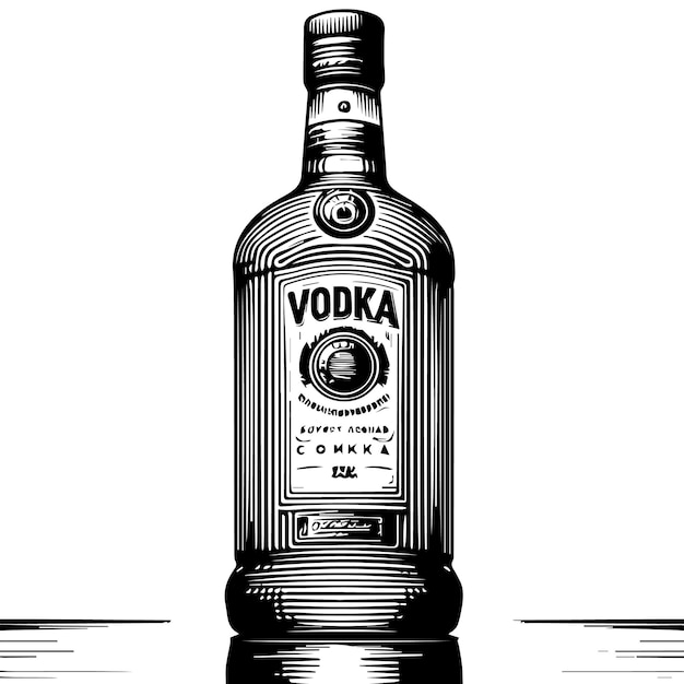 a black and white drawing of a bottle of vodka