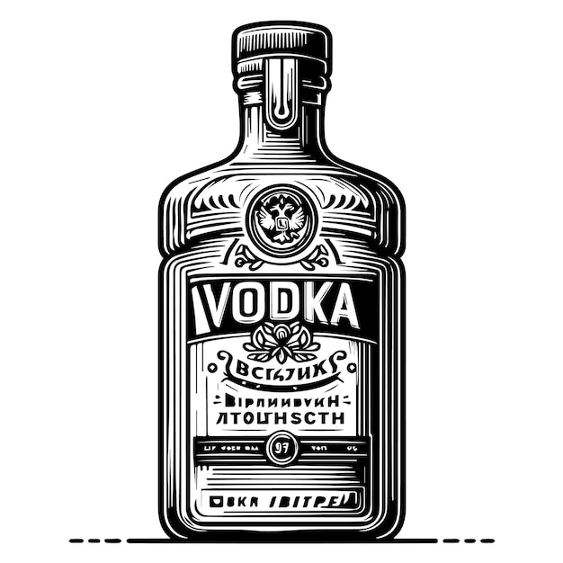 a black and white drawing of a bottle of vodka