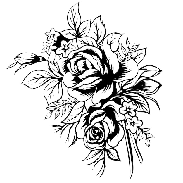 Vettore un disegno in bianco e nero di un mazzo di rose.