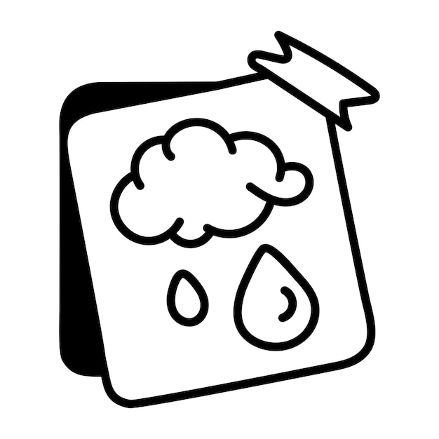 A black and white drawing of a box with a cloud and a drop of water on it.