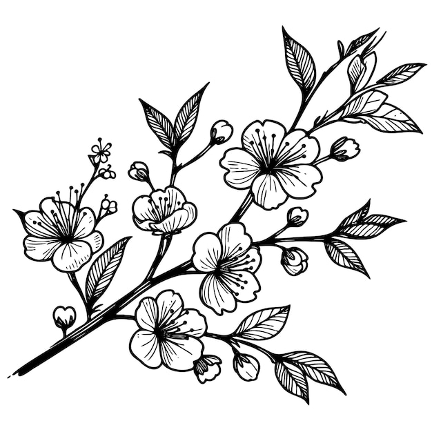 черно-белый рисунок ветви с цветами на ней