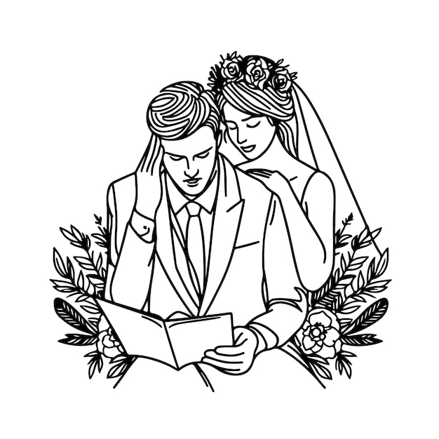 Vettore a black and white drawing of a bride and groom reading a book