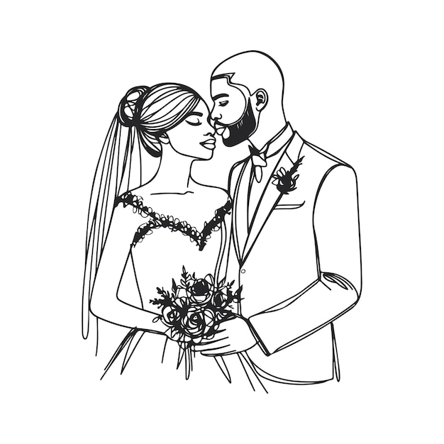 Vector a black and white drawing of a bride and groom