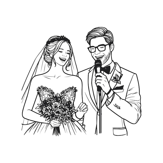 Vector a black and white drawing of a bride and groom