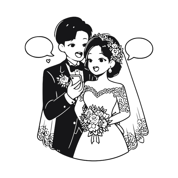 a black and white drawing of a bride and groom