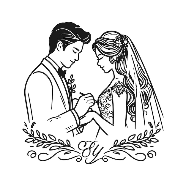 a black and white drawing of a bride and groom