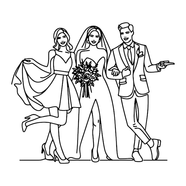 Vector a black and white drawing of a bride and groom