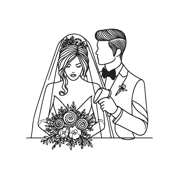 a black and white drawing of a bride and groom