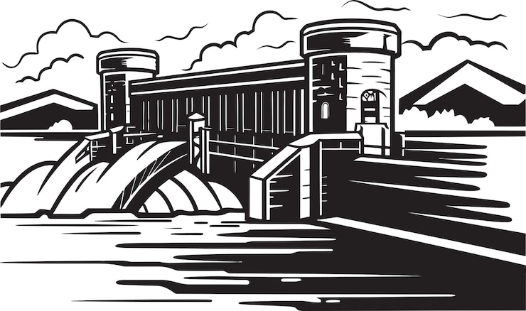 Vector a black and white drawing of a bridge with a bridge in the background