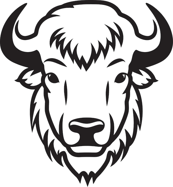 a black and white drawing of a buffalo head with a black background