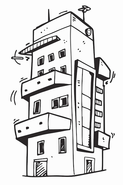 背景に建物がある建物の黒と白の絵