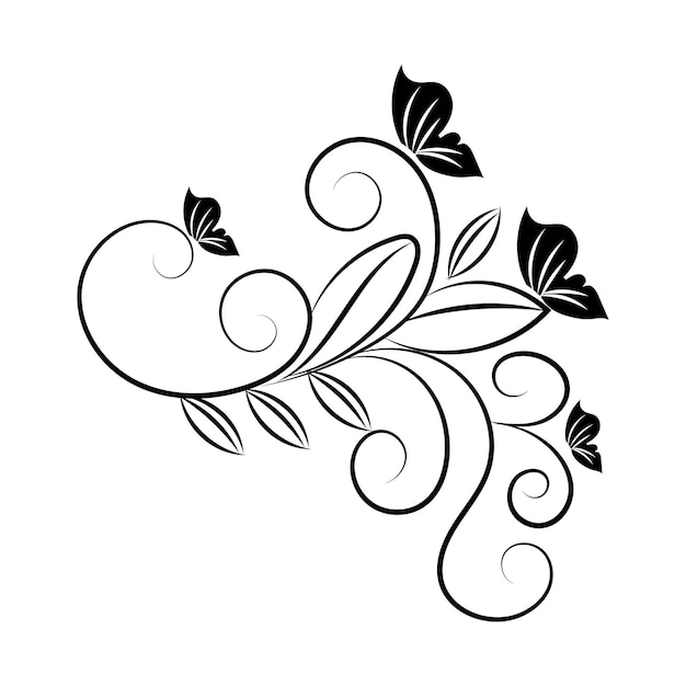 A black and white drawing of butterflies with leaves and flowers.