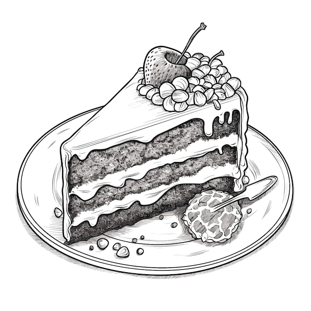 Disegno in bianco e nero di un'illustrazione disegnata a mano del profilo della torta di compleanno della torta