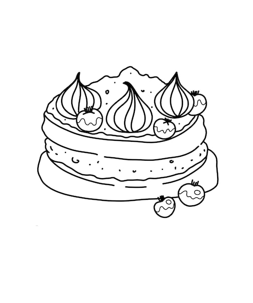 A black and white drawing of a cake with a fruit topping.