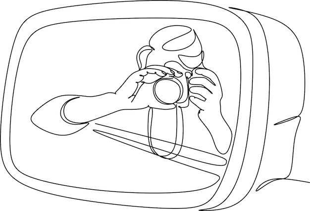 A black and white drawing of a camera in a mirror.