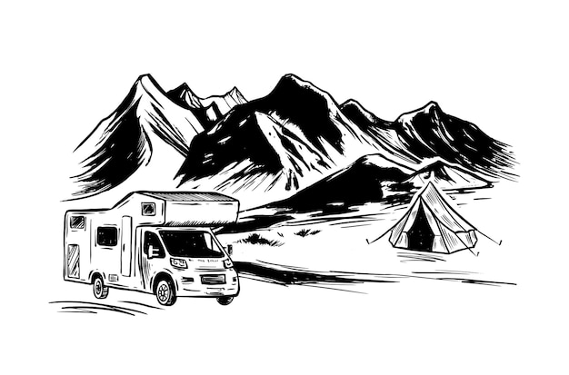 A black and white drawing of a camper and a tent in the mountains.