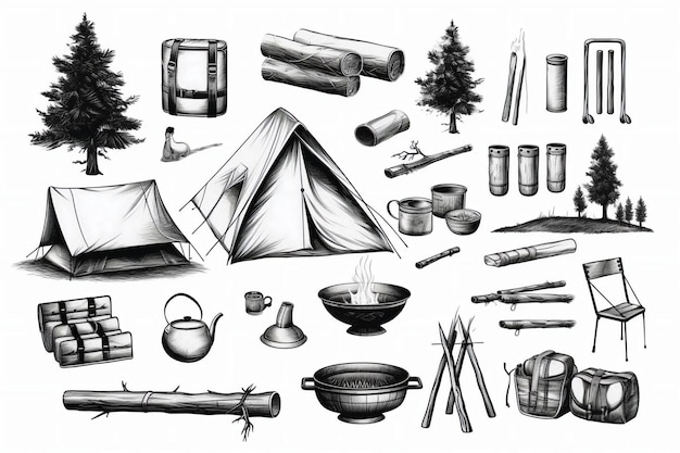 A black and white drawing of camping items