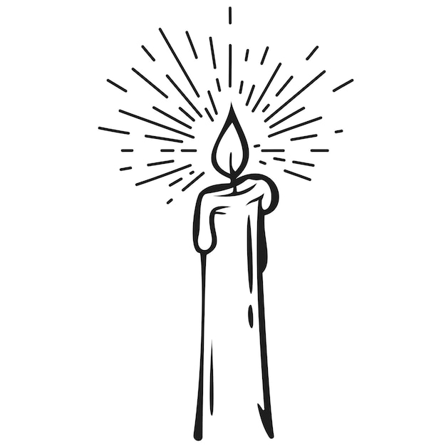 a black and white drawing of a candle with a starburst