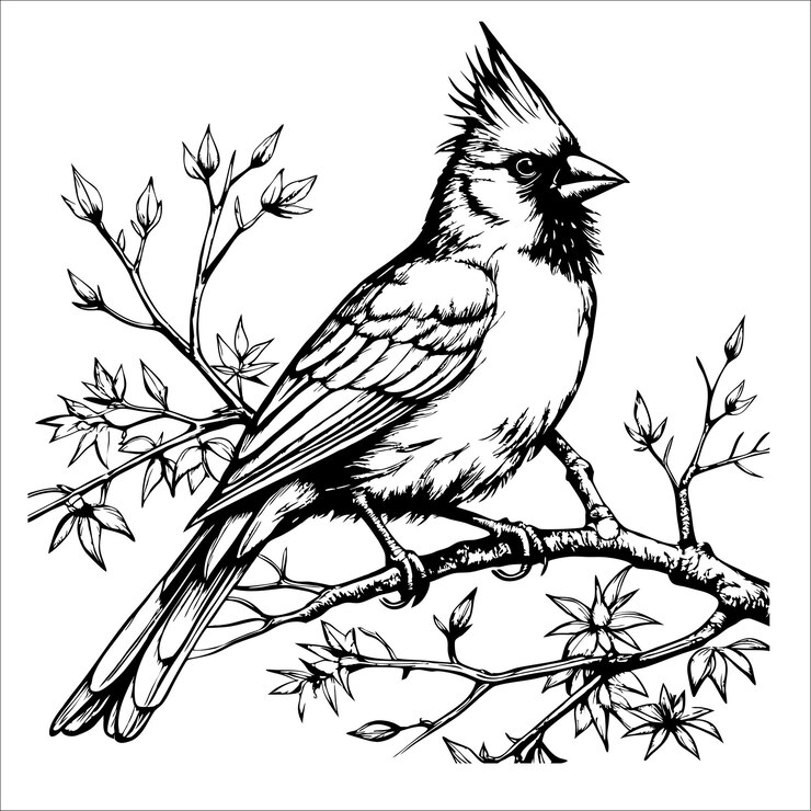 A black and white drawing of a cardinal perched on a branch