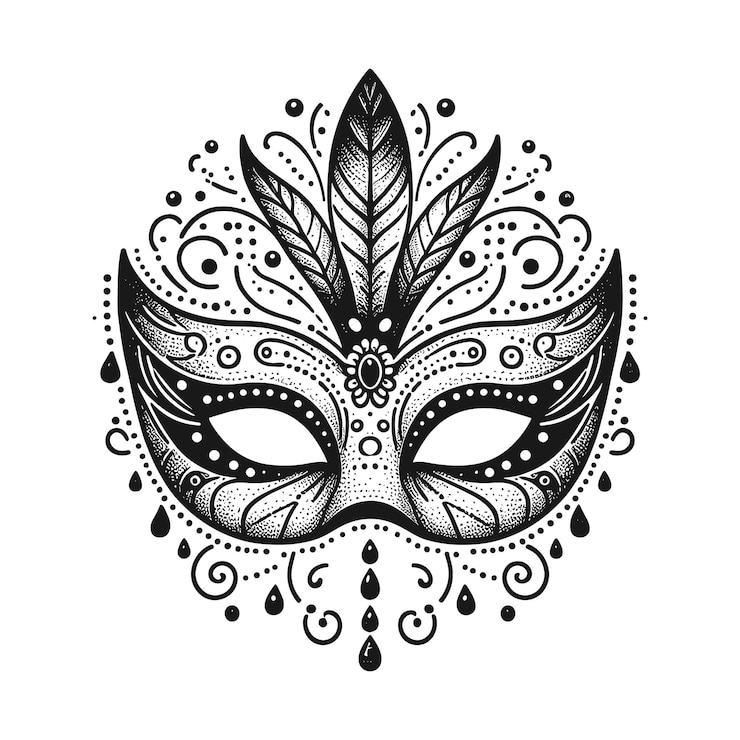 Vector 黑白背景的嘉年华面具的黑白绘画