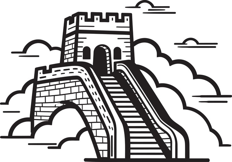 Vector a black and white drawing of a castle with clouds in the background