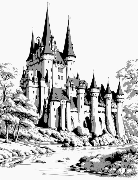 A black and white drawing of a castle with the name neuschwanstein on it.