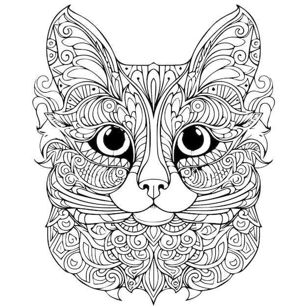 A black and white drawing of a cat's face coloring book page