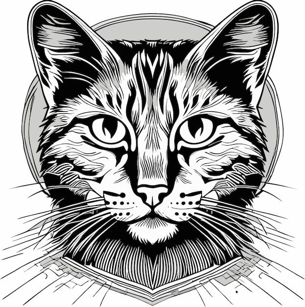 真ん中に円がある猫の顔の白黒の絵。