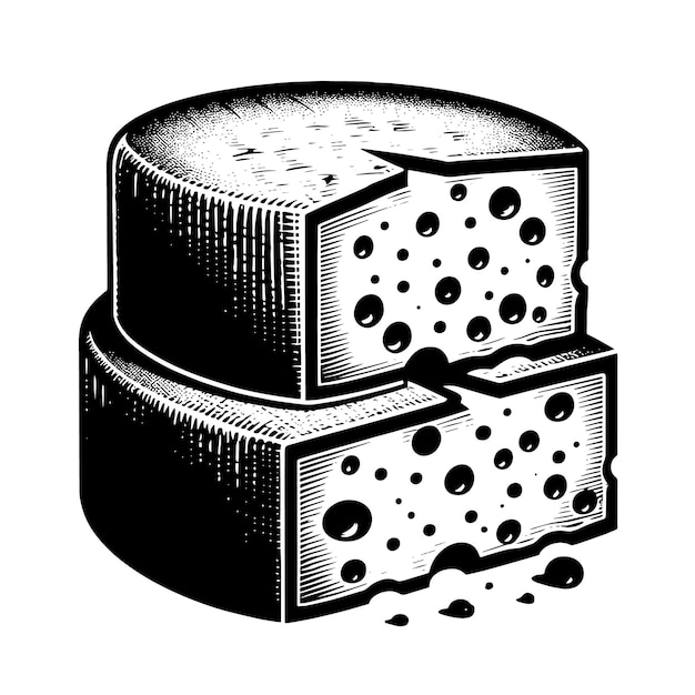 Vector a black and white drawing of cheese with a black and white drawing of a cheese