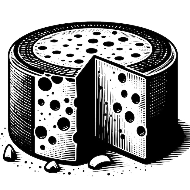 A black and white drawing of a cheese with a hole in the middle