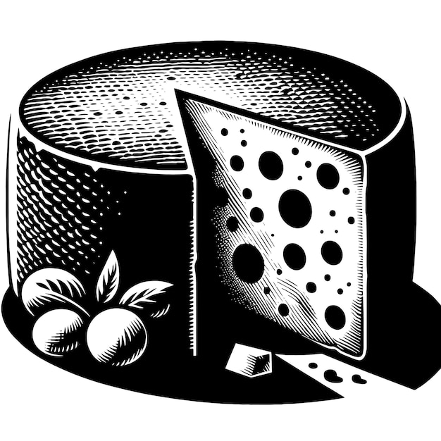 A black and white drawing of a cheesecake with fruit on it