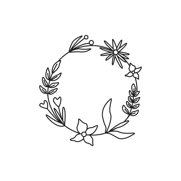 A black and white drawing of a circle with a flower wreath.