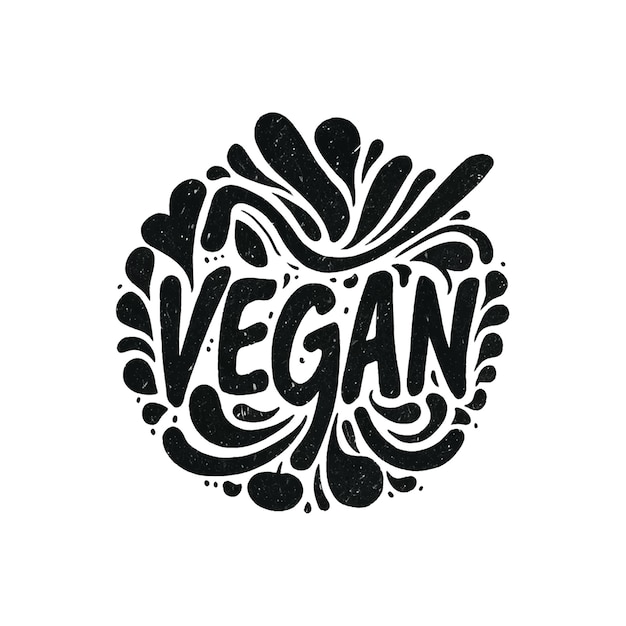 Vector a black and white drawing of a circle with the word vegan written in a cursive style the circle is surrounded by a pattern of water droplets