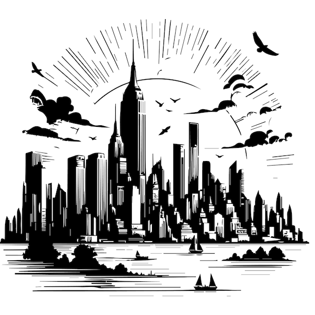 a black and white drawing of a city skyline with birds flying above it