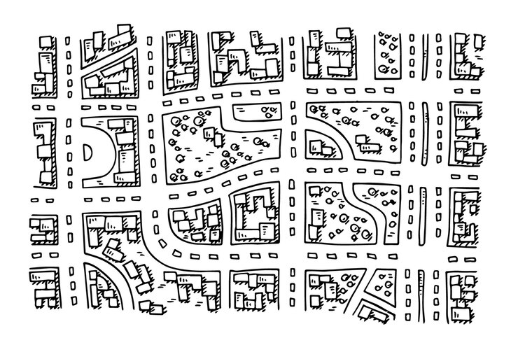 Vector a black and white drawing of a city street with a drawing of a city