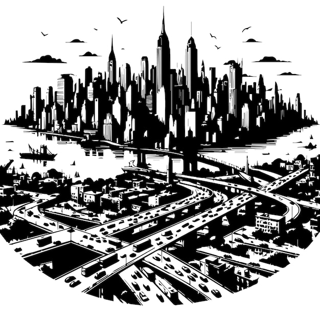 a black and white drawing of a city with a city in the background