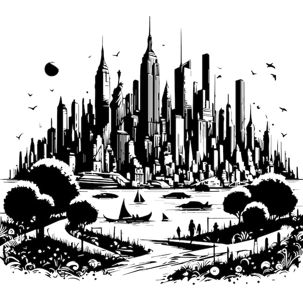 Vector a black and white drawing of a city with a city in the background