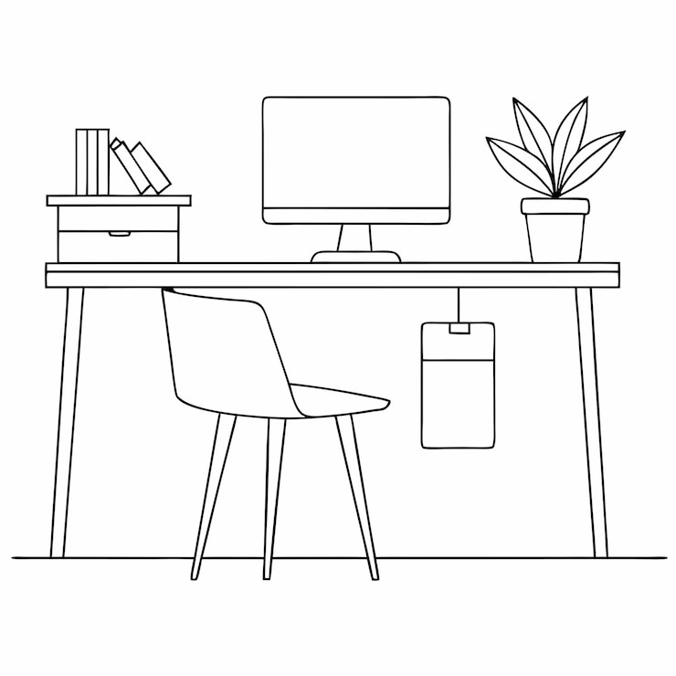 Vector a black and white drawing of a computer monitor and a plant on a desk