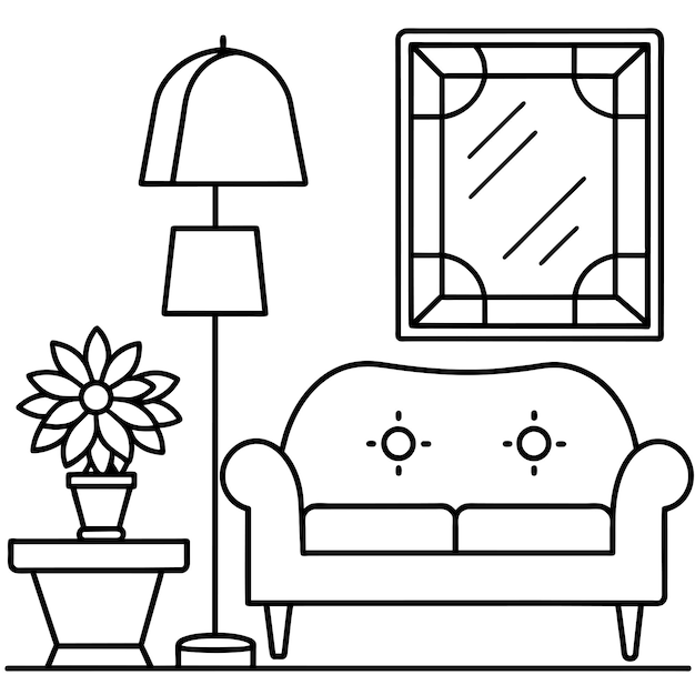 Un disegno in bianco e nero di un divano e una finestra con un fiore in esso