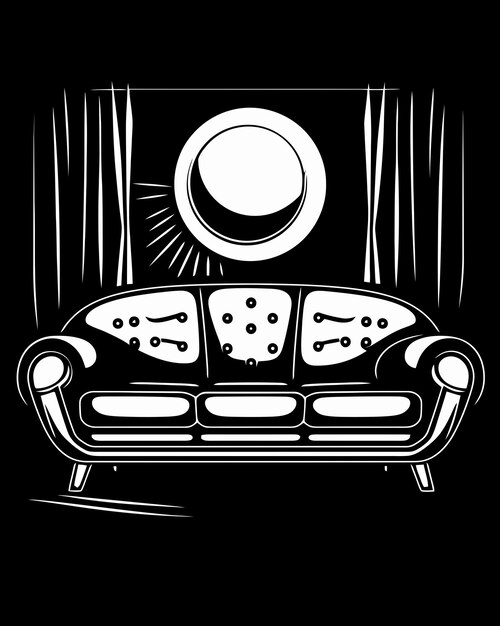 Vector a black and white drawing of a couch with a sun in the background