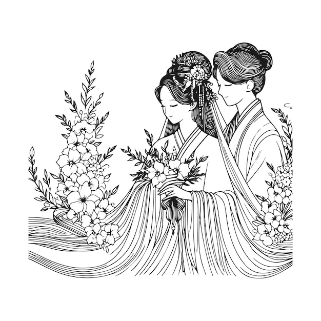 a black and white drawing of a couple in a dress