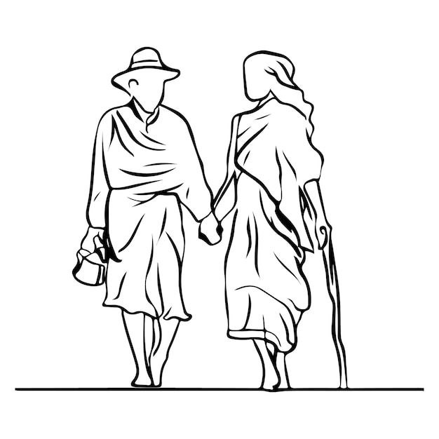 A black and white drawing of a couple holding hands, the word love is on the right side.