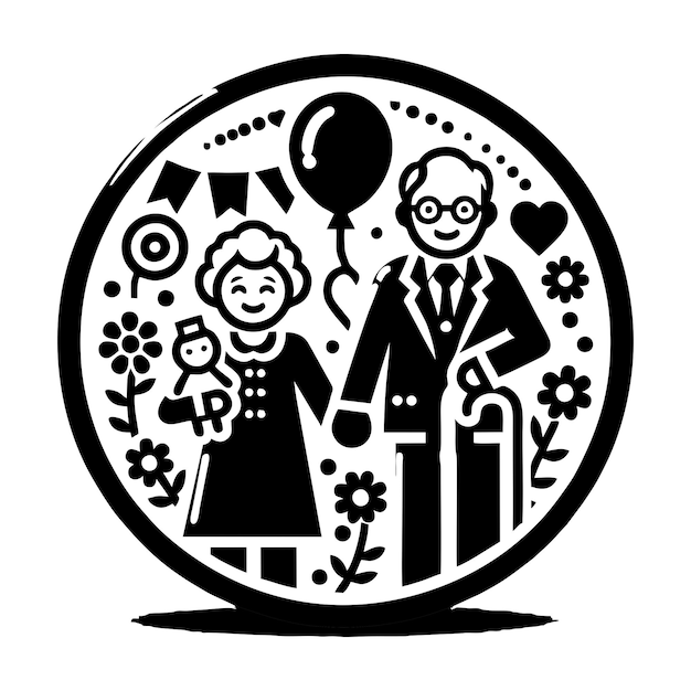 a black and white drawing of a couple and a man with a balloon and flowers