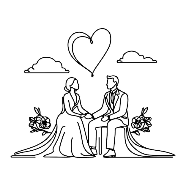 Vector a black and white drawing of a couple in a wedding dress