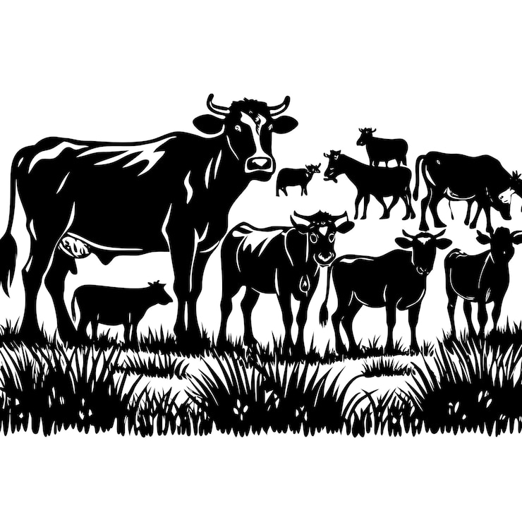 Vector a black and white drawing of a cow and calf in a field