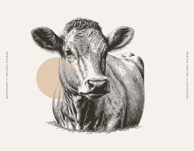 Vector black and white drawing of a cow